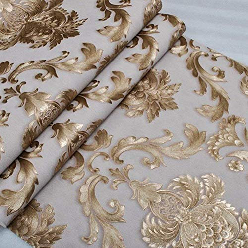 Kaluori Luxus Metallic Gold Textured Damast Tapeten Wandaufkleber Tapetenrollen für Wohnzimmer Esszimmer Schlafzimmer Bars 20.86x393.7 Zoll / 53x950cm (Prägung)