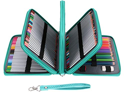 BTSKY - Astuccio in pelle sintetica multistrato a grande capacità per 200 matite colorate, per studenti, borsa per articoli da cancelleria, portamatite, organizer (matite non incluse), Verde, 27.5 cm