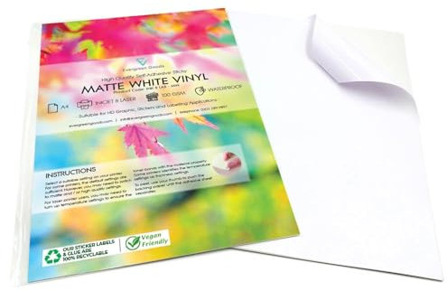 Evergreen Goods 100 Sheets A4 Water Resistant Vinyl Sticker Paper, Self-Adhesive Matte White PVC Sticker Sheets, 200 GSM, Inkjet & Laser Printable, Perfect for Custom Labels & High-Resolution Stickers
