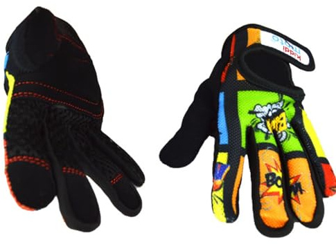 Kiddimoto Comic Anti Slip Kids Bike Gloves for Kids Boys & Girls Best Toddler Bike Gloves Ages 2-10 Full Finger Cycling Gloves for Youth Sports Like MTB, BMX Dirt Biking, Mountain Bike Riding, Skates