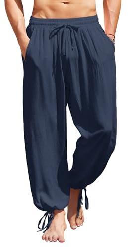 COOFANDY Men&Women Cotton Linen Pants Elastic Waist Harem Pants Casual Baggy Yoga Beach Pants with Pockets Navy Blue