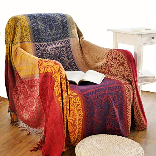 Edcooy Throws for Sofas, Bohemian Chenille Jacquard Tassels Throw Blankets for Bed Settees Chair Slipcover Cover 2 3 Seater，(Red, 150x200cm)…