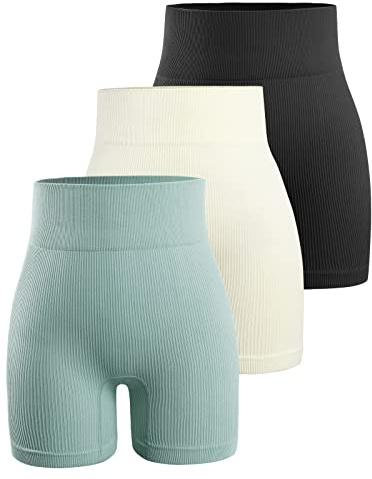 YNNTHY Pantalones cortos de entrenamiento de 3 piezas para mujer, sin costuras, acanalados, cintura alta, elastano, pantalones cortos de ciclista, 3 piezas, negro/blanco/azul, M