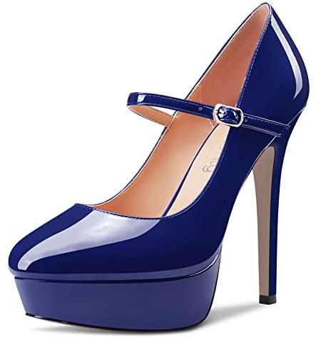 NobleOnly Femmes Aiguille Haut High Talon Heel Plate-Forme Rond Bout Escarpins Mary Jane Party Mariage Dress 13 CM Heels Bleu Marin 45 EU