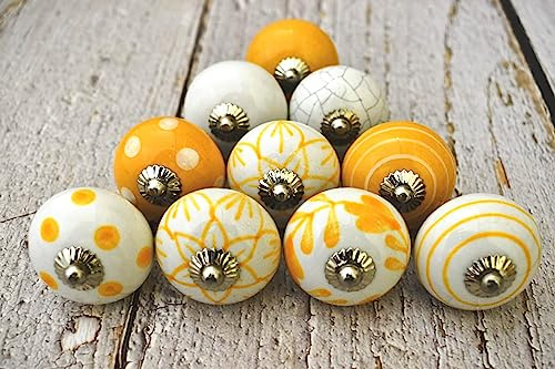 ARTISNO Lot de 10 poignées en céramique jaune et blanche pour armoire de cuisine, boutons de tiroir, poignées artisanales, boutons en céramique pour porte de placard