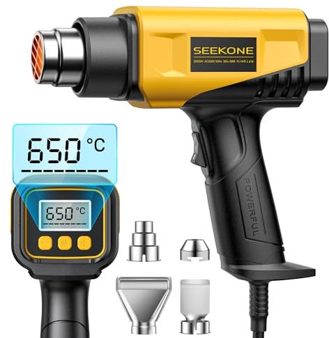 SEEKONE Pistola de Aire Caliente de 2000W con Pantalla LCD Digital, 50℃-650℃ Diseño Compacto y Temperatura de Flujo de Aire Ajustable, con Protección de Sobrecarga y Ideal para Manualidades