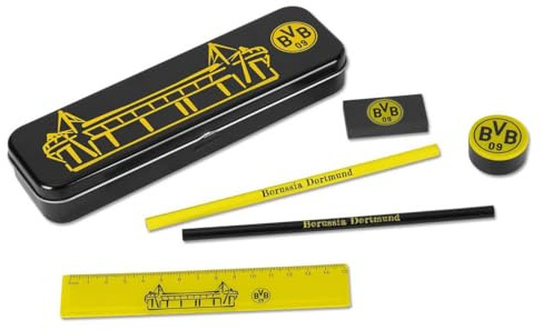 BVB Schreibset Kinder mit Metallbox – Borussia Dortmund Schulset schwarz gelb, Lineal, 2 Bleistifte, Radiergummi & Anspitzer – Fanartikel Schule Jungen Mädchen