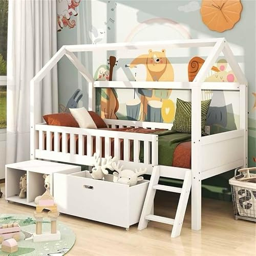 BTM Household Bed Suitable for Boys & Girls, Children's Bed with Big Storage Drawer, 2 Compartments and Anti-fall Railings, 90 * 190cm