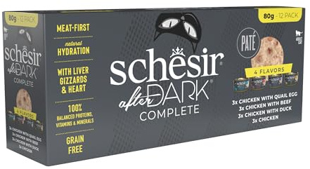 Schesir After Dark, Surtido Multisabor en Paté, Alimento Húmedo Completo para Gatos, en Latas, Sin Cereales, Alto Contenido en Proteínas, Rico en Hidratación, 12 x 80g