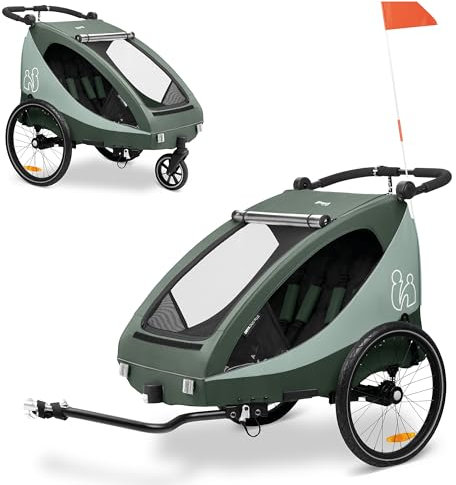 Hauck Fahrradanhänger & Kinderwagen Set Dryk Duo Plus für 2 Kinder (6-48 Monate), inkl. Regenschutz, Sonnensegel, Deichsel, Buggyrad, Fahne und LED Licht - Dark Green