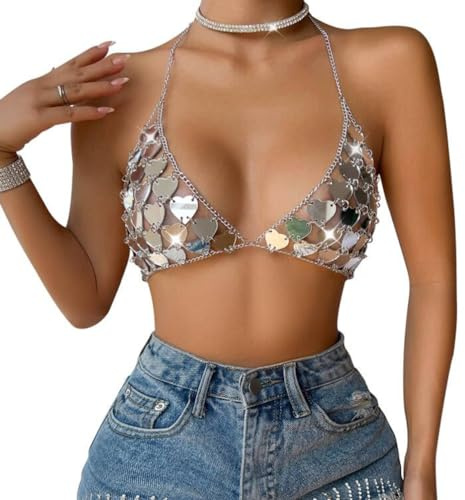 Corto Scintillante con Paillettes Reggiseno Top a Catene, Gilet Sexy con Scollo all'Americana, Top Senza Schienale con Nappe e Scollo a V, Camicetta T-shirt