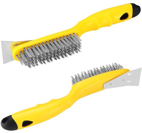 Stainless Steel Wire Brush 2 Pcs with Metal Scraper, 79 Bundles bristles, Plastic Contoured Handle, Chanharm Heavy Duty Scratch for Cleaning Rust Dirt, Dust Paint Scrubbing, Welding Slag Removal