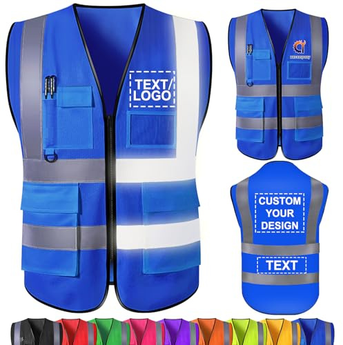 Custom Safety Vest Bulk with Name Logo Text Personalised High Visibility Reflective Vests with Pockets Customised Work Vest for Men Construction Employee Blue 2X-Large