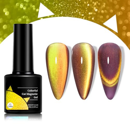 Cat Eye Gel Nail Polish, Double Illusion Glitter Yellow Cat Eye Nail Gel Polish, Magnet Sparkle Glitter Gel Nail Varnish Soak Off UV Led gel nail lamp Home DIY Manicure (Yellow #CM04)