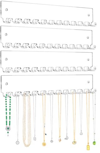 milylove Acrylic Necklace Holder 4 Pack Wall Mounted Necklace Organizer Hanging Jewelry Organizer with 12 Hooks for Necklaces, Bracelets, Rings and Bangles Display