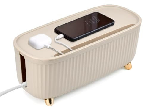 HEKOBAG Kabelmanagement Box Groß Kabelbox mit Deckel Kabel Verstecken Box Kunststoff Kabelkasten Steckdosenbox 35 x 15 x 13,5cm Kabelsammler Box Beige Kabel Organizer Box für Steckdosenleisten
