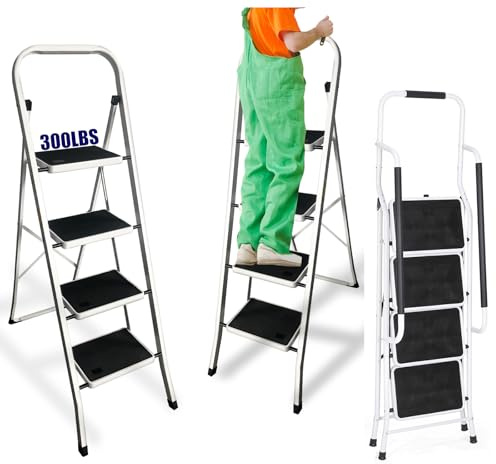 4 Stufen Klappleiter mit Handlauf –Leiter mit Breitem Anti-Rutsch-Pedal, Trittleiter mit Bequemer Handlauf(150 kg Belastung) – Klappbare Leiter für Haushalt, Garten & DIY