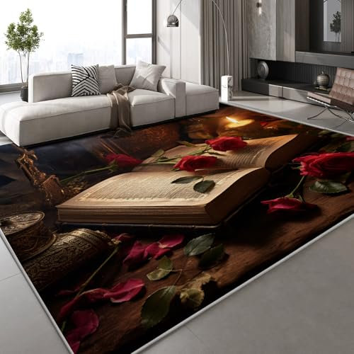 Generisch Zauberbuch Rosen Teppich Kinderteppich Modern 3D Retro Romantisch Teppich Kinderzimmer Kurzflor Teppiche rutschfeste Spielteppiche für Schlafzimmer Wohnzimmer Zimmer 100x150 cm