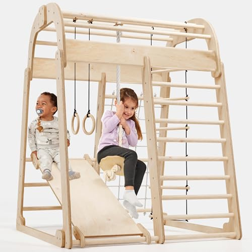 Wooden Climbing Frame for Children Indoor & Outdoor, Montessori, Wooden Playground with Slide, Swing, Climbing Wall, Climbing Rope and Rope Ladder - for Children from 3 to 8 Years