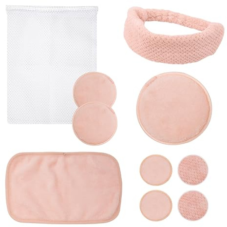 Bauer 39469 Lot de 10 gants de nettoyage du visage en flanelle douce, coussinets pour les yeux, bouffantes pour le visage et trousse de toilette/démaquillant réutilisable et kit de soins de la peau