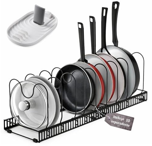 ELISPACES Organizador de Sartenes y Ollas Extensible con 10 Separadores + Soporte para Tapa y Espátulas | Soporte Ajustable para Ordenar Tapas, Ollas, Sartenes y Almacenaje de Utensilios de la Cocina