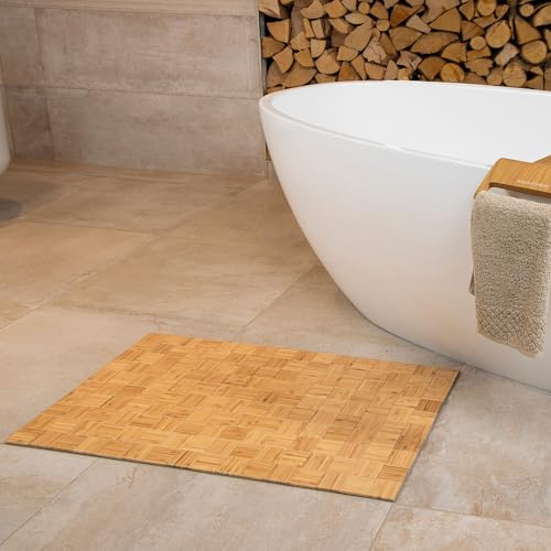 DE-COmmerce Badteppich aus Bambus KARO Nature 50x80 cm Badematte Badvorleger Duschmatte für Bad, WC oder Wellness rutschhemmend