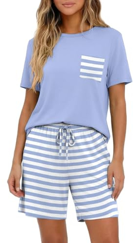 PrinStory Pyjama court à manches courtes pour femme - Col rond - Vêtement de nuit d'été - T-shirt et short