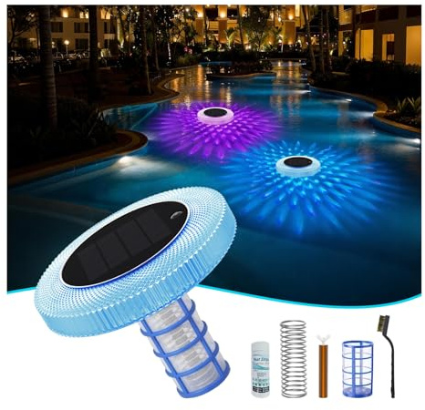 Ionizzatore Solare per Piscina, Purificatore S'acqua Galleggiante in Rame con Luce Notturna a LED Multicolore per Accensione/Spegnimento Automatico, Accessorio per Piscina Riduce il Cloro