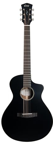 Cort CORE-MC Ovangkol - Guitarra acústica y eléctrica con bolsa de concierto, parte superior negra semibrillante