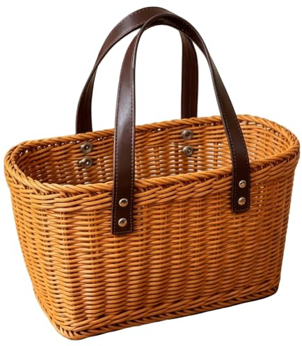 Striegro Farmers marknadskorg, handvävd korg med läderhandtag för camping picknick hemförvaring – ljusbrun, 33 x 9,5 x 20 cm...
