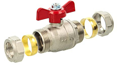 tecuro Válvula de bola de 15 mm de diámetro con rosca de compresión para tubos de cobre y acero inoxidable. Rango de temperatura: -10 °C hasta +150 °C, latón