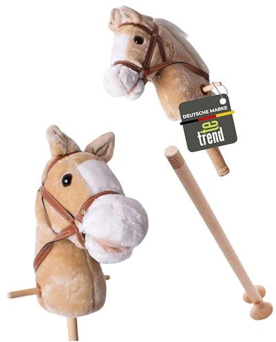TE-Trend Steckenpferd mit Sound – 95 cm zweiteiliges Hobby Horse für Kinder, Holzstab & Plüschkopf, Reitspielzeug mit Rollen, Hobby Horsing Bewegungsspielzeug ab 3 Jahren