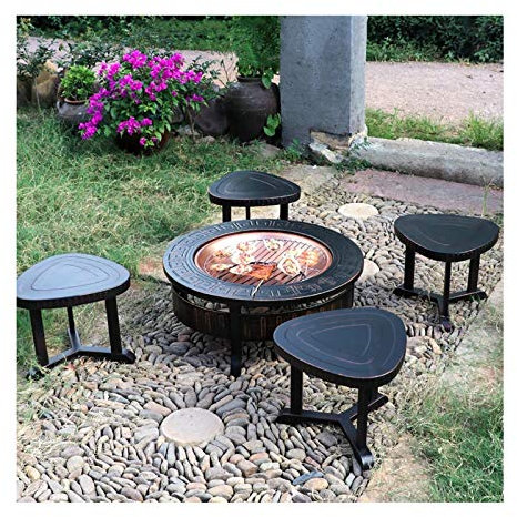 Brasero Exterior Juego De Taburetes para Fogatas De 32 Pulgadas, Cuenco para Fuego De Leña, Parrilla con Rejilla para Cubierta De Tamiz De Chispa De Malla
