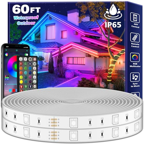 FBZ 60Ft Outdoor Waterproof LED Strip Lights,Music Sync RGB IP65 Led Lights with App Control and Remote,Color Changing Waterproof Led Rope Lights for Outdoor,Balcony,Roof,Garden,Stairs Party (60FT)