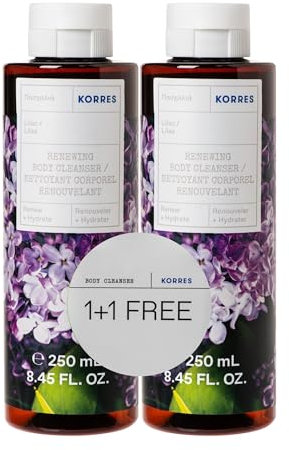KORRES LILAC Juego de gel de ducha 1+1, gel de ducha revitalizante con aloe vera activo y aroma floral en beneficio, dermatológicamente probado y vegano, 2 x 250 ml