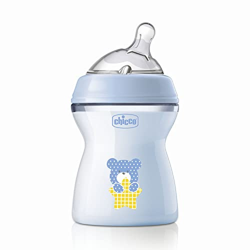Chicco Natural Feeling Biberon Anticolica 2 Mesi + da 250 ml, Biberon con Tettarella in Silicone Morbida e Flessibile, Adatto per Allattamento Misto, Flusso Medio, Colore Azzurro