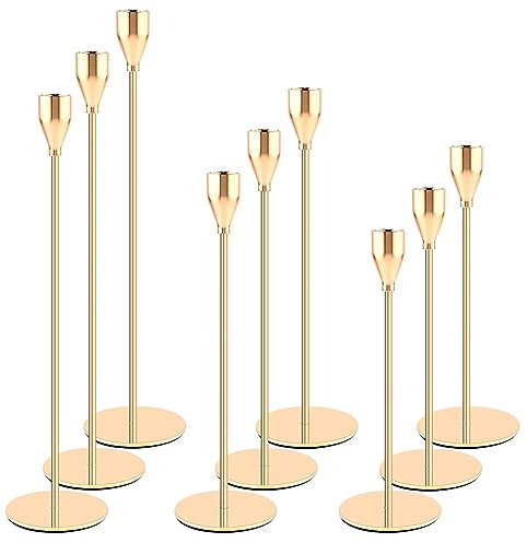 YUTUY Set di 9 Portacandele in Metallo Oro, Candelabro Moderno, Centrotavola Cono, Candeliere da Tavolo, Ornamento Decorazioni per Matrimoni, Compleanni, Natale