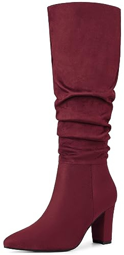 Allegra K Botas altas hasta la rodilla con punta puntiaguda y tacón grueso para mujer, Burgundy, 37 EU