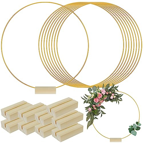 Eummy 10 pezzi da 30 cm in metallo floreale cerchio centrotavola per ghirlanda da tavolo anello in metallo con 10 supporti in legno robusto oro rotondo macramè decorazioni da tavolo per feste di nozze