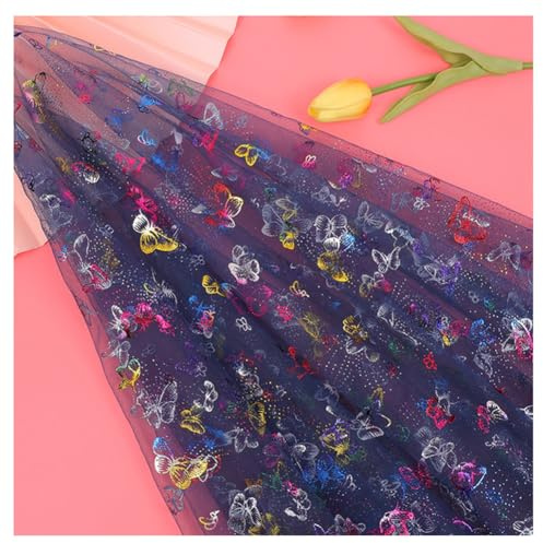 Wisafory 3 m x 150 cm fjärilstyg glitter tylltyg metervara tyllband fjärilsmönster glitter tylltyg tyll dekorativt tyg för gör-det-själv heminredning bröllop klänning kostym tillbehör marinblå