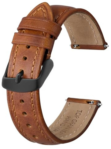BISONSTRAP Retro Correas de Reloj de Cuero para Hombres, Correa de Repuesto de Piel de Becerro Encerada con Aceite, Liberación Rápida, 20mm, Marrón Caramelo (Hebilla Negra)