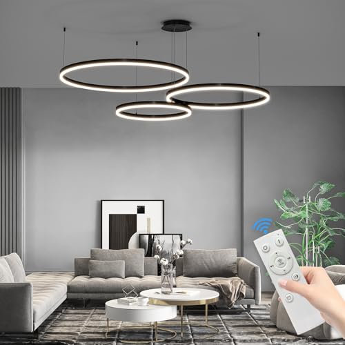 Mikeru Lampadario A Led Grande Per Soggiorno, 3 Nero Cerchi (Ø 20/40/60Cm) - 120w, Per Hotel/Ingresso 3000k-6000k Dimmerabile, Luminosità Regolabile Dal 10% -100% Con Funzione Di Memoria
