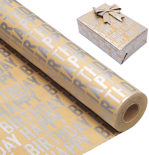 woric 25m x 43cm Silver Birthday Wrapping Paper Roll, Happy Birthday Wrapping Paper Gift Kraft Wrapping Paper for Gift Wrap Men Women Girls Boys