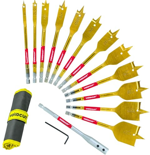 Spade Drill Bit Set, 13pcs Paddle Bits in SAE, 1/4 Hex Shank Flat Wood Bits for Woodworking, 1/4 to 1-1/2 Spade Bits for Wood with Nylon Storage Pouch
