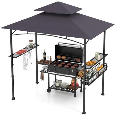 HOMASIS Tonnelle de Jardin Pliante Extérieur, Gazebo Barbecue avec Double Toit, 2 Tables, Crochets et Ouvre-Bouteilles, Pergola de Réception Résistant aux Intempéries pour Jardin, Grill(Gris foncé)