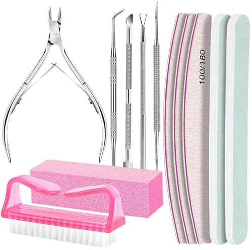 Set med 12 st nagelfilar, nagelbuffertblock med nagelbandsborttagare nagelbandsklippare, nagelfil och buffertset för manikyr- och pedikyrverktyg, 100/180 nagelfilar för naturliga naglar (rosa)