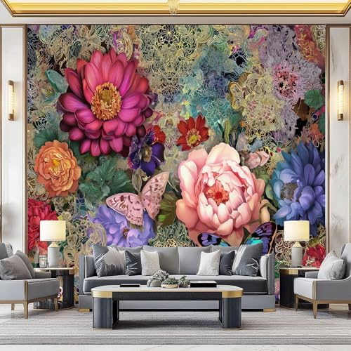 Mural de pared decorativo Vistoso, Diseño Estilo barroco mariposas flores espléndido, Papel pintado de alta definición, transpirable y resistente, ideal para salón, dormitorio u oficina 300 x 210 cm