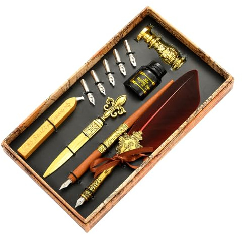 Sionhiuo Fjäderpenna och bläckset | Quill Pen set, antik kalligrafidip pen med bläck, förbättrat vaxsigillstämpelset med reservspetsar, penna lyx vintage signaturpenna presentset