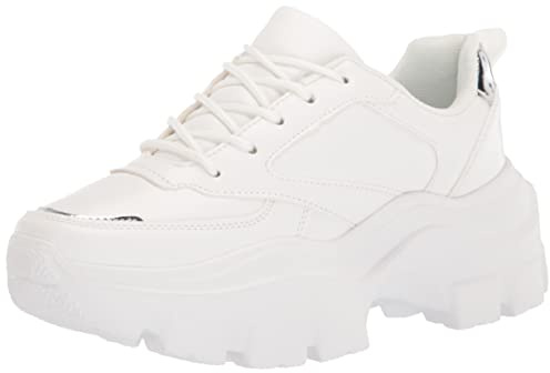 LUCKY STEP Women 90S Chunky Platform Reflective Sneakers - White Hologram Casual Lace-Up Walking Dad Sneakers(White - Silver,8 B(M) US)
