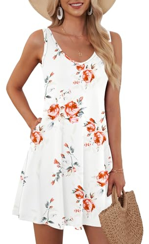 AUSELILY Vestido de Verano para Mujer Vestido de Playa sin Mangas | Vestido sin mangas con bolsillos Vestido básico con cuello en V Minivestido Por encima de la rodilla